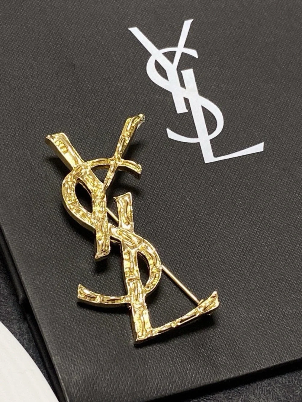 Saint Laurent Gold Textured YSL Logo Pin